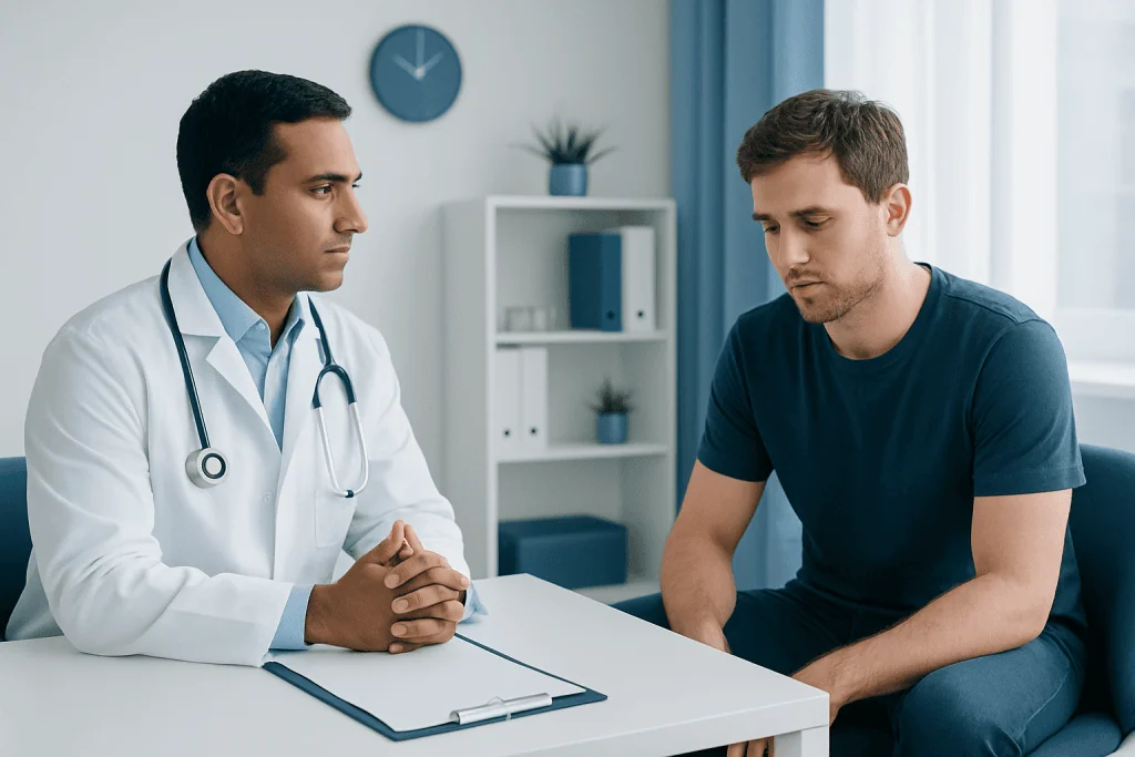 Doctor consulting with a young male patient in a medical office.