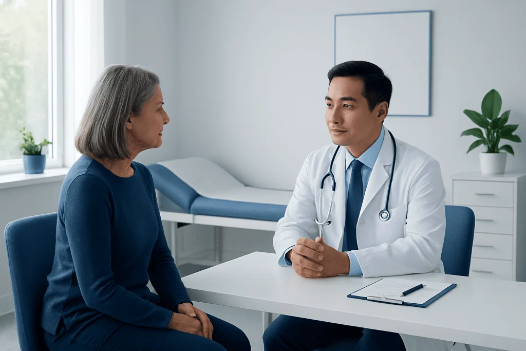 Doctor consulting with an elderly female patient in a modern clinic.