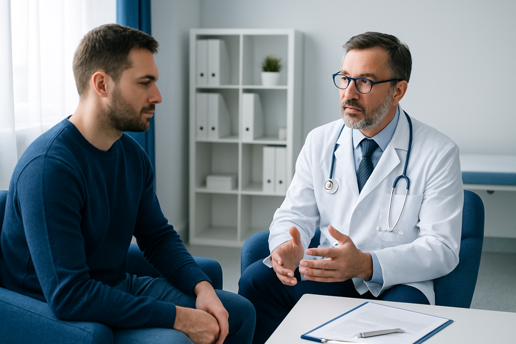 Doctor consulting with a young male patient in a medical office.