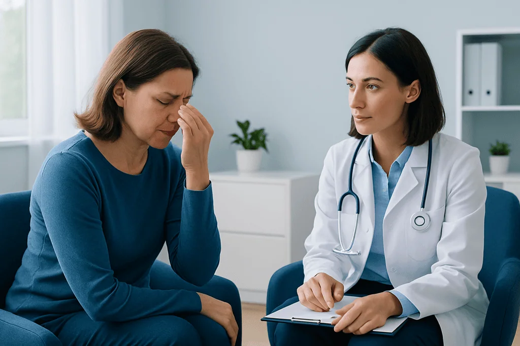 Doctor consulting a patient with sinus pressure symptoms in a clinic setting.