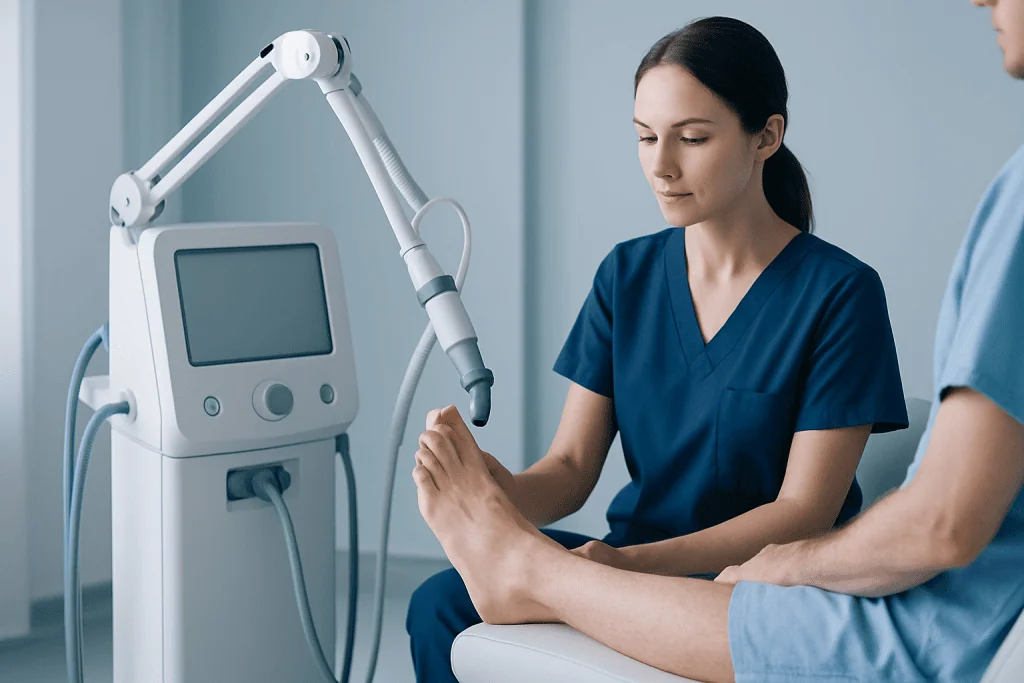 Medical professional performing a procedure with advanced equipment at Acibadem Hospital.
