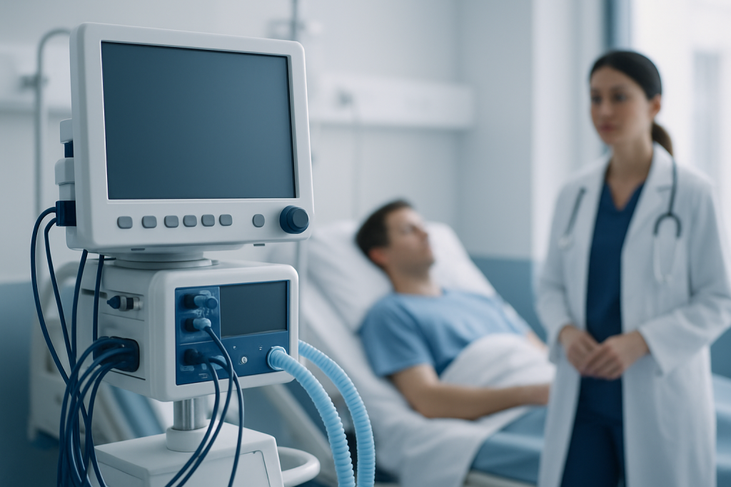 Hospital room with patient and healthcare professional, medical monitor in foreground.