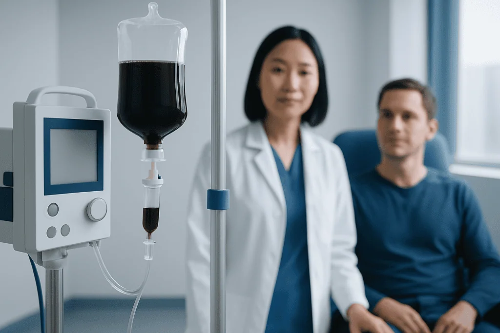 Medical professional monitoring blood transfusion in hospital setting.