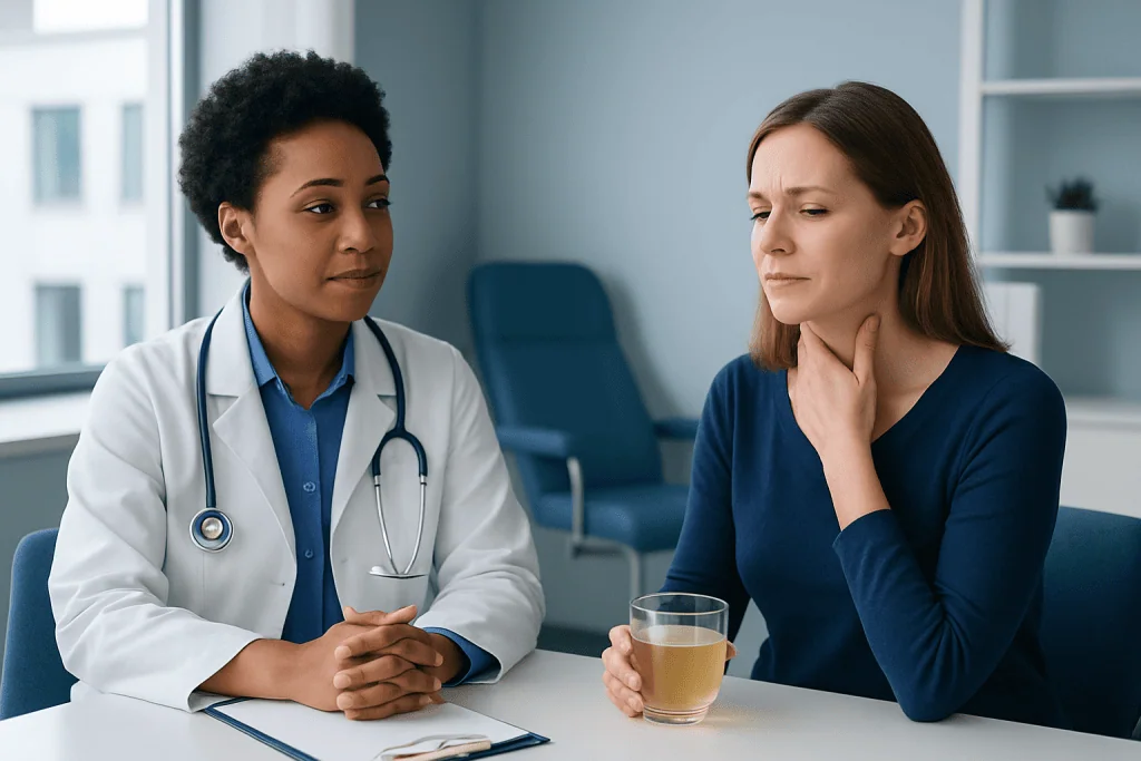 Doctor consulting with a patient with sore throat in a clinic setting.