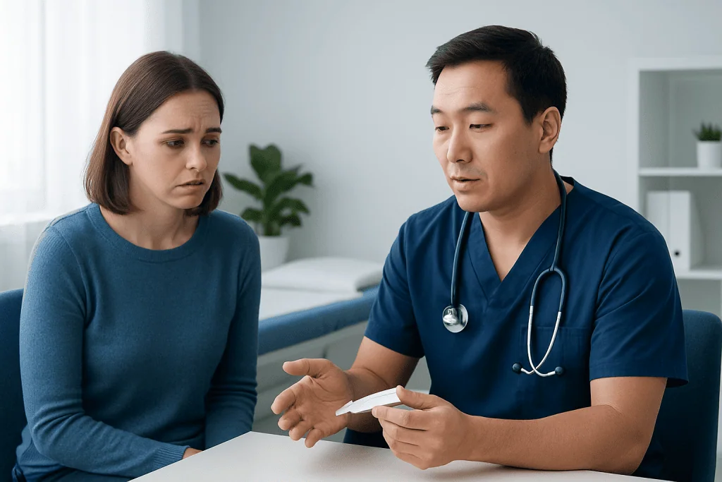 Doctor explaining medication to worried woman in consultation room.