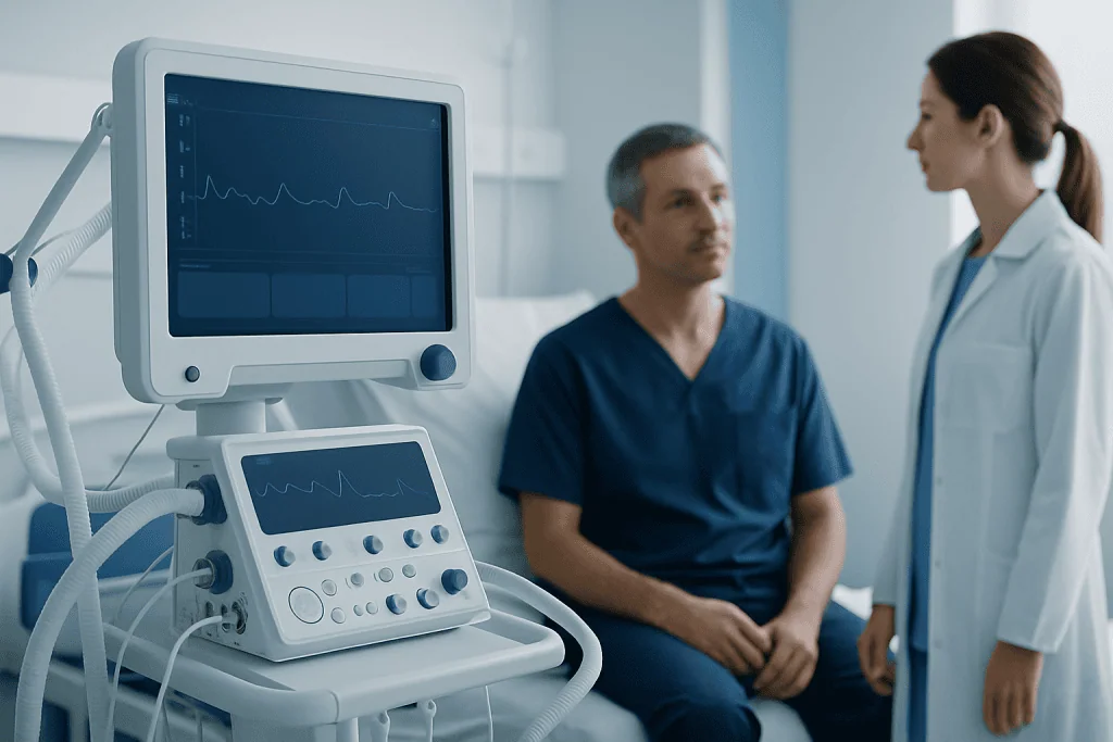 Medical professional consulting patient in hospital room with monitoring equipment.