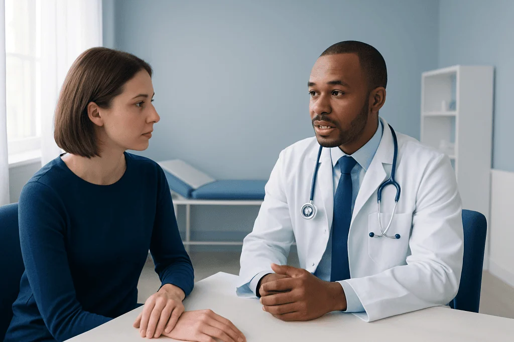 Doctor consulting with a patient in a medical office setting.