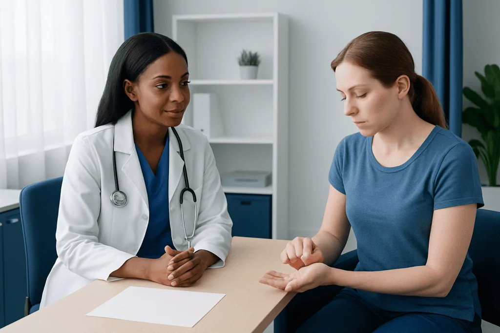 Doctor consulting with a patient about blister care in a medical office.
