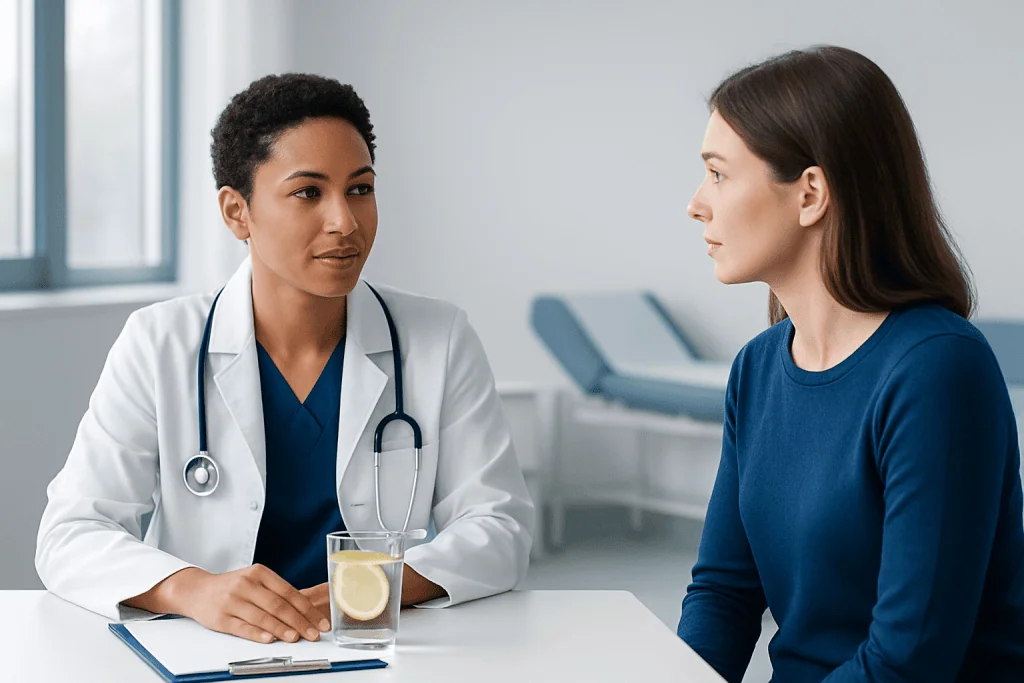 Doctor consulting a patient in a medical office with a glass of lemon water on the table.
