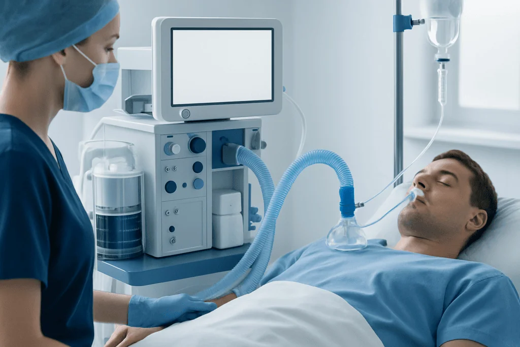 Patient receiving anesthesia in a hospital setting with medical staff present.
