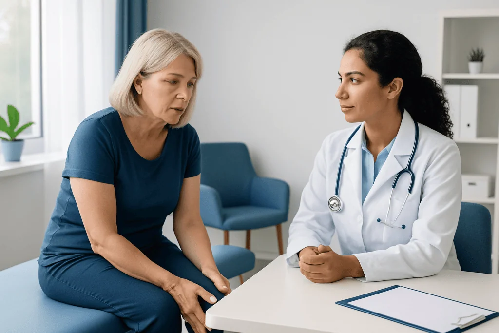 Doctor consulting with middle-aged woman in a medical office setting.
