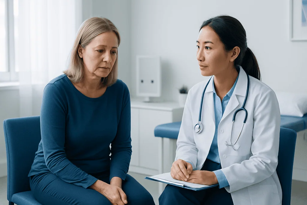 Doctor consulting with a female patient in a medical office.