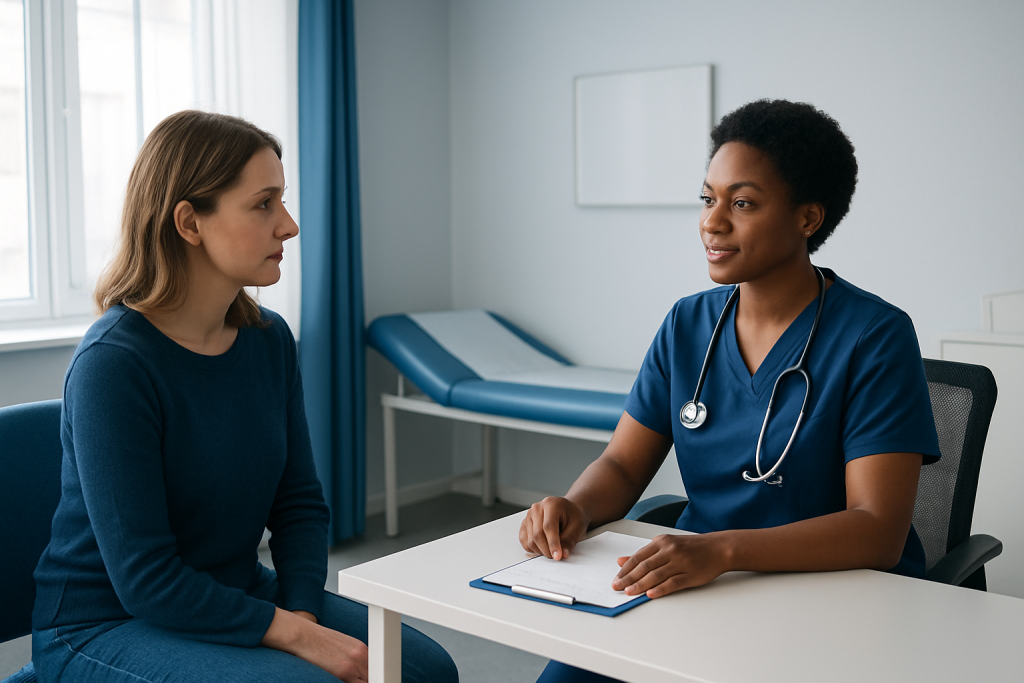 Doctor consulting with patient in a medical office setting.