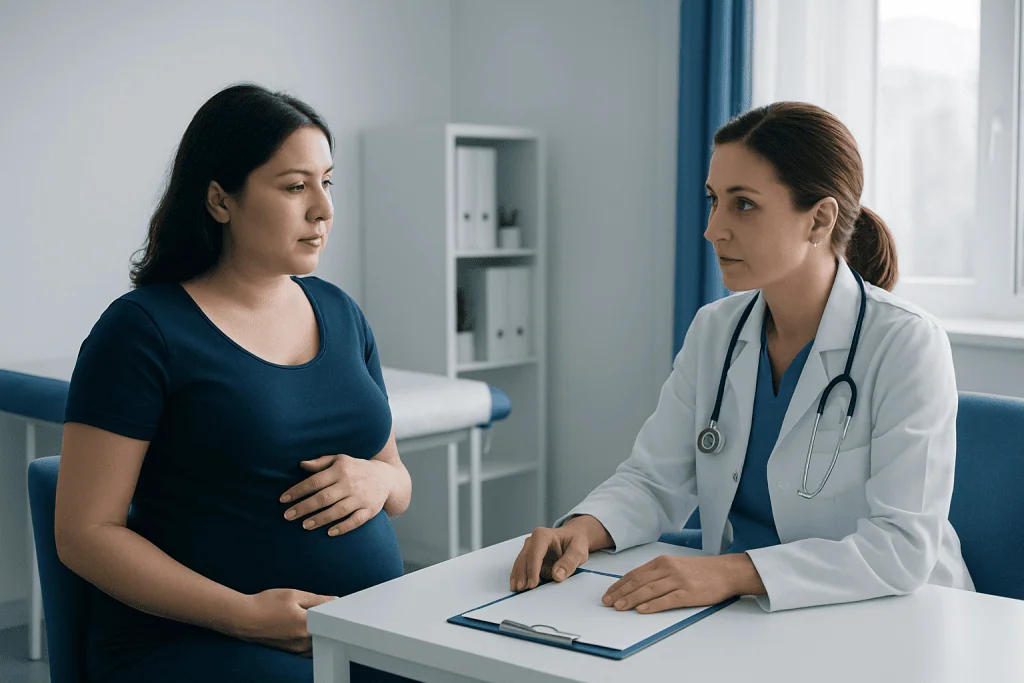 Pregnant woman consulting with a doctor in a medical office.