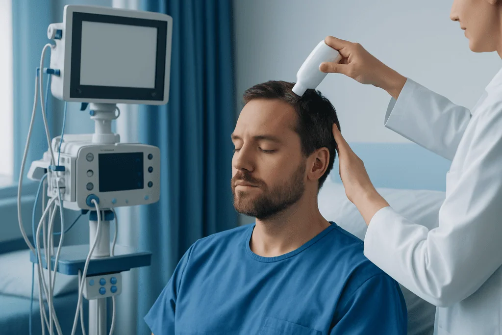 Doctor performing a neurological test on a patient in hospital.