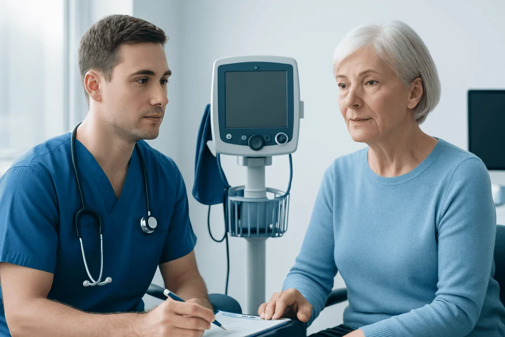 Doctor consulting elderly woman about her health in a hospital setting.
