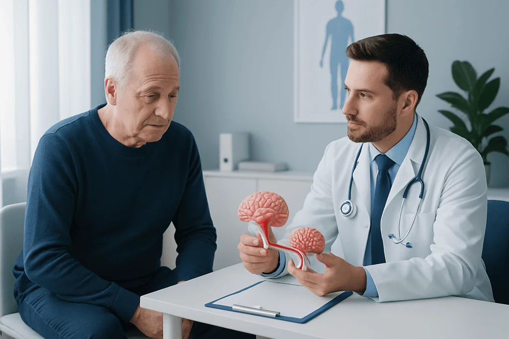 Doctor explaining brain anatomy to elderly patient in a medical consultation.