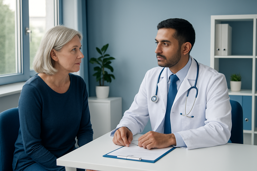 Doctor consulting with an elderly female patient in a medical office.