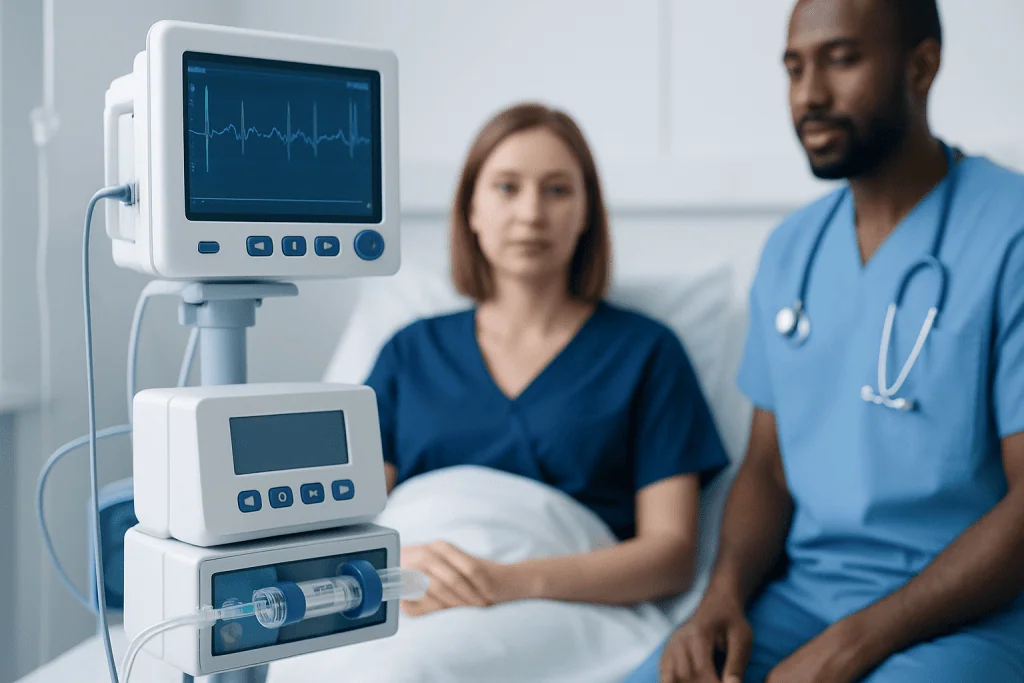 Medical professionals monitor patient vital signs in hospital setting.