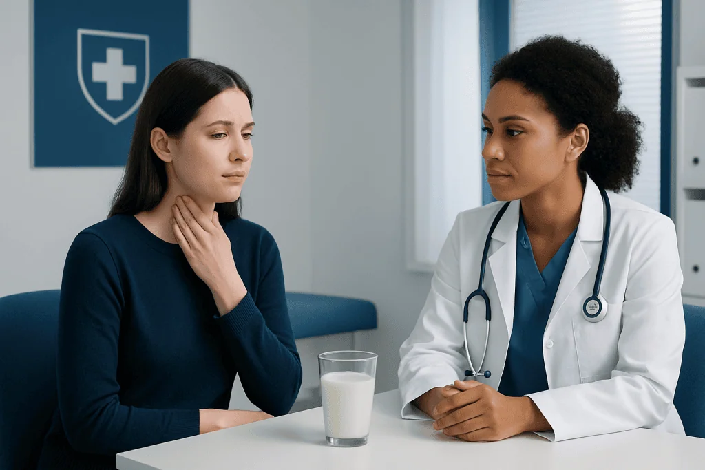Doctor consulting a patient about sore throat symptoms in a clinic setting.