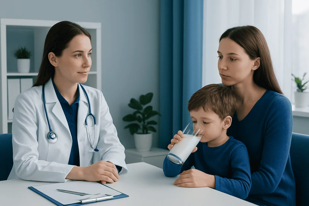 Doctor consulting with mother and child about health in a clinic setting.