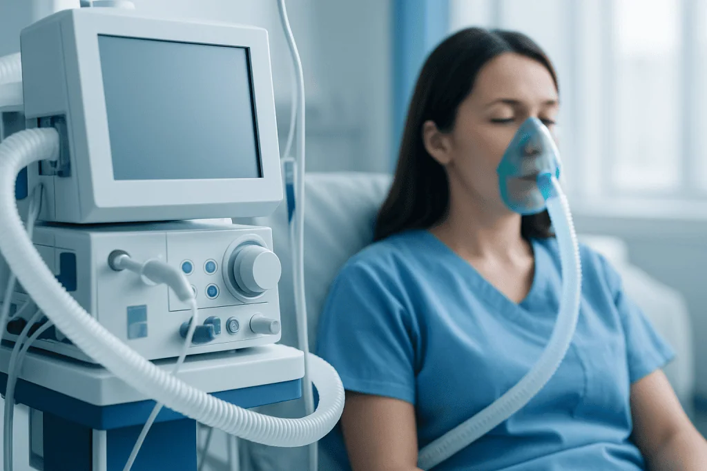 Patient on ventilator in hospital ICU with medical equipment nearby.