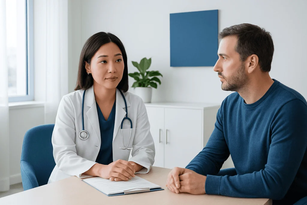 Doctor consulting with male patient in a medical office setting.