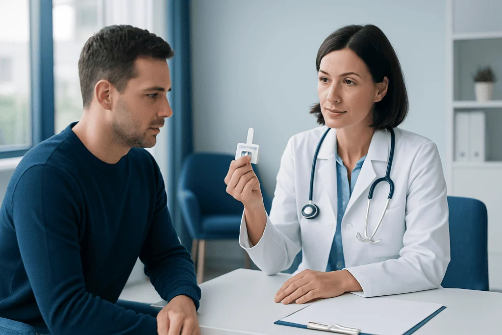 Doctor explains Naloxone nasal spray to patient in a clinical setting.