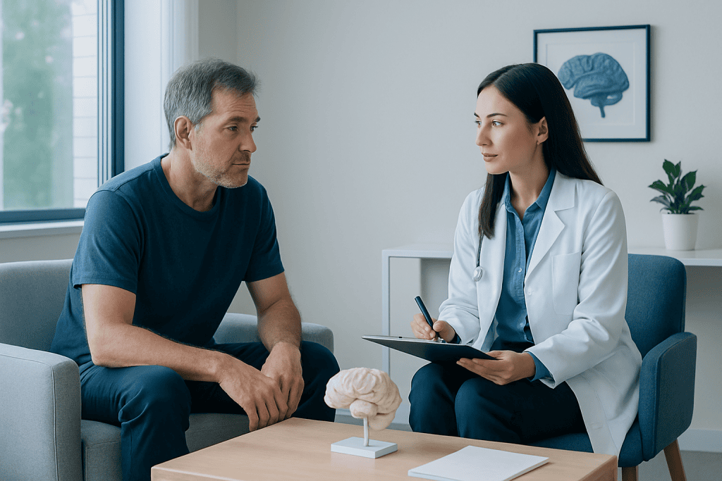 Doctor consulting with a patient about brain health and neuropsychological testing.