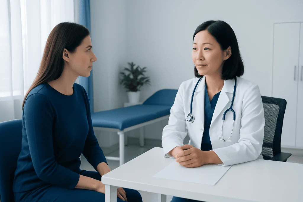 Doctor consulting with a patient in a modern medical office.