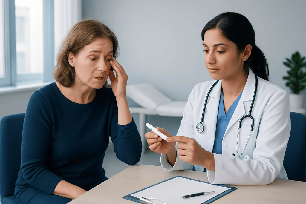 Doctor explaining eye ointment to patient with eye discomfort.
