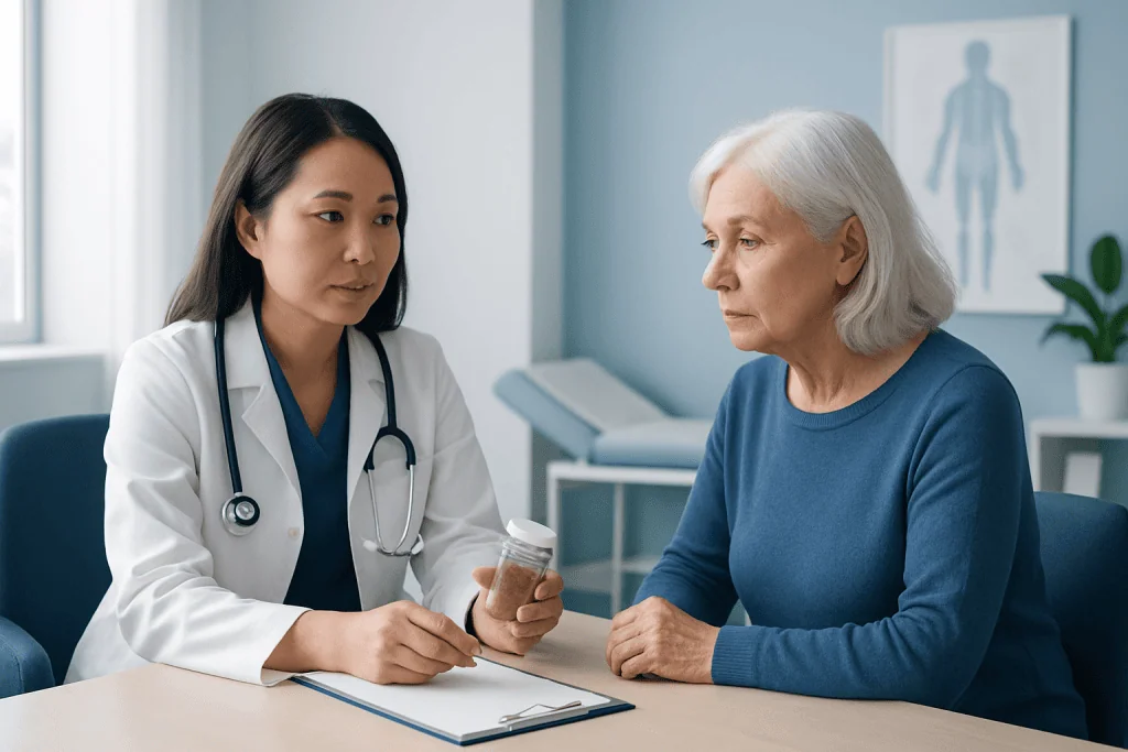 Doctor consulting with elderly woman in a medical office.