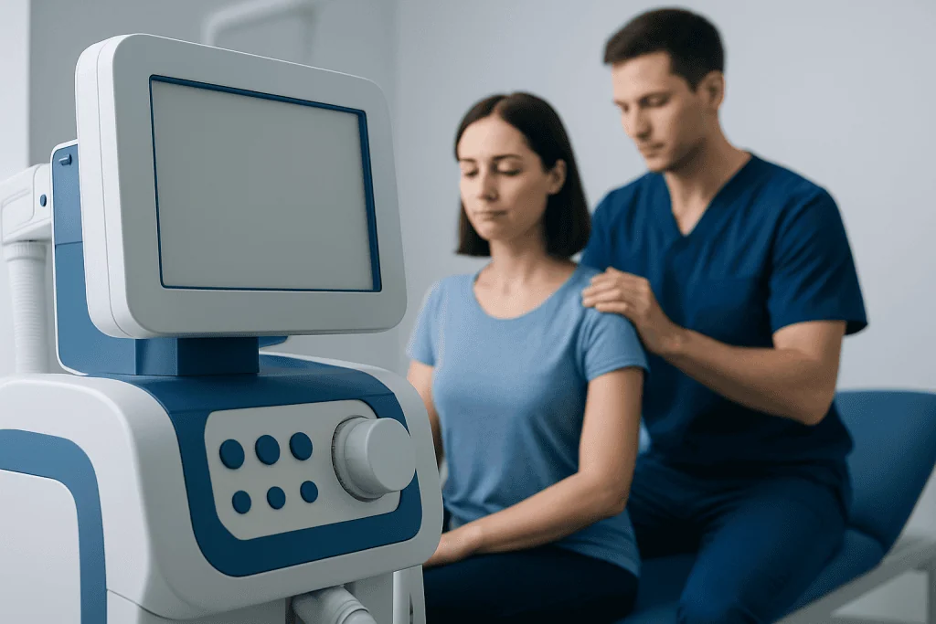 Medical professional performing osteopathic therapy on a patient with medical equipment nearby.
