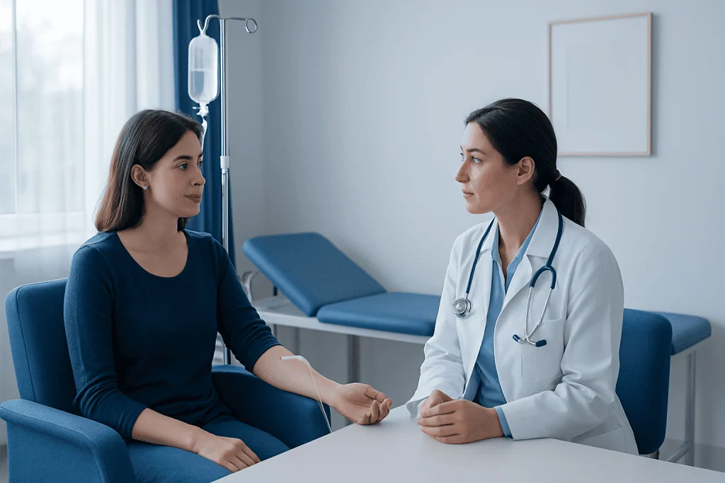 Doctor consulting with a patient in a hospital room.