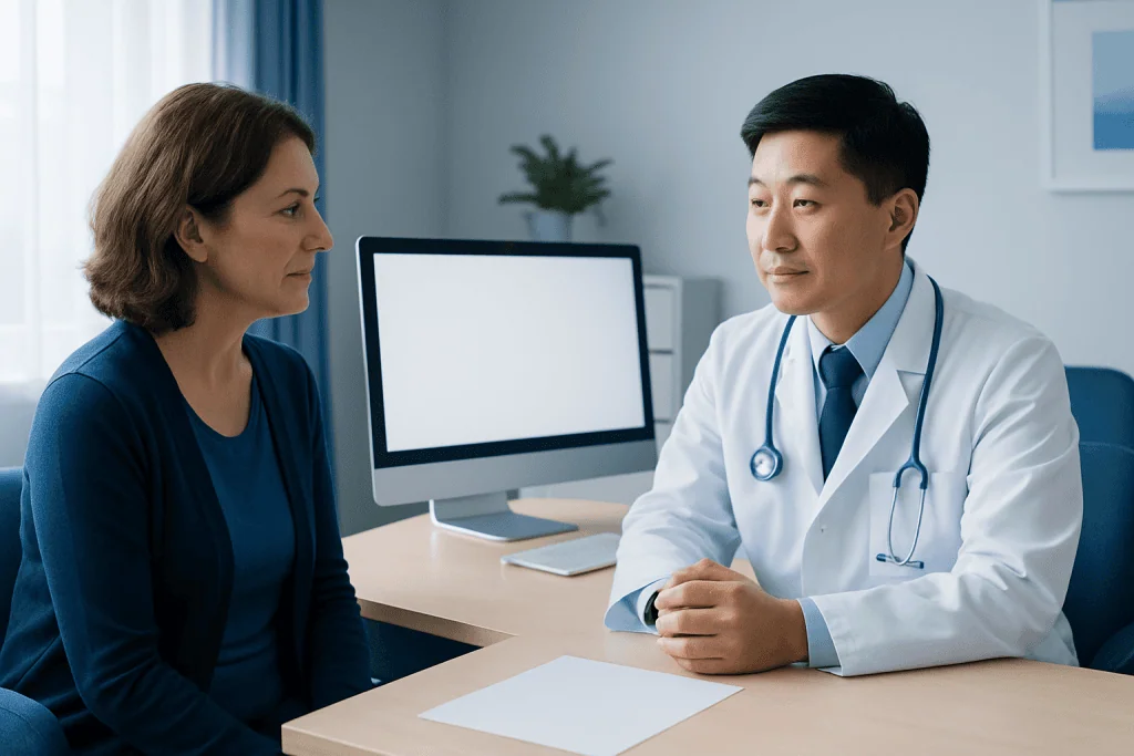 Doctor consulting with a patient in a modern medical office.