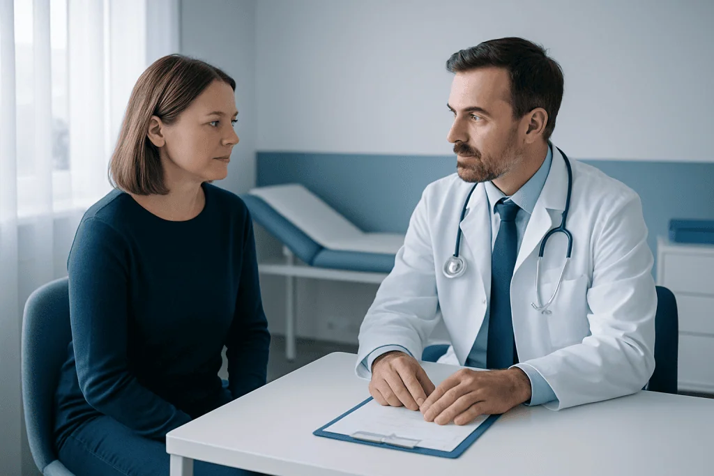 Doctor consulting with a female patient in a medical office.