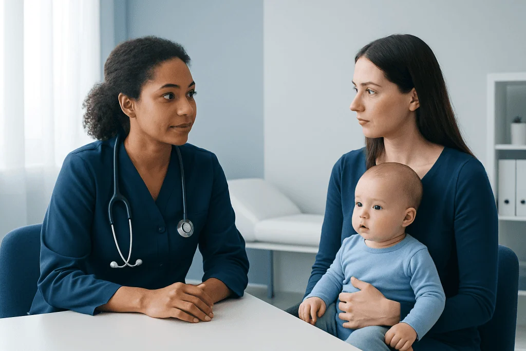 Doctor consulting mother and baby in a medical office setting.