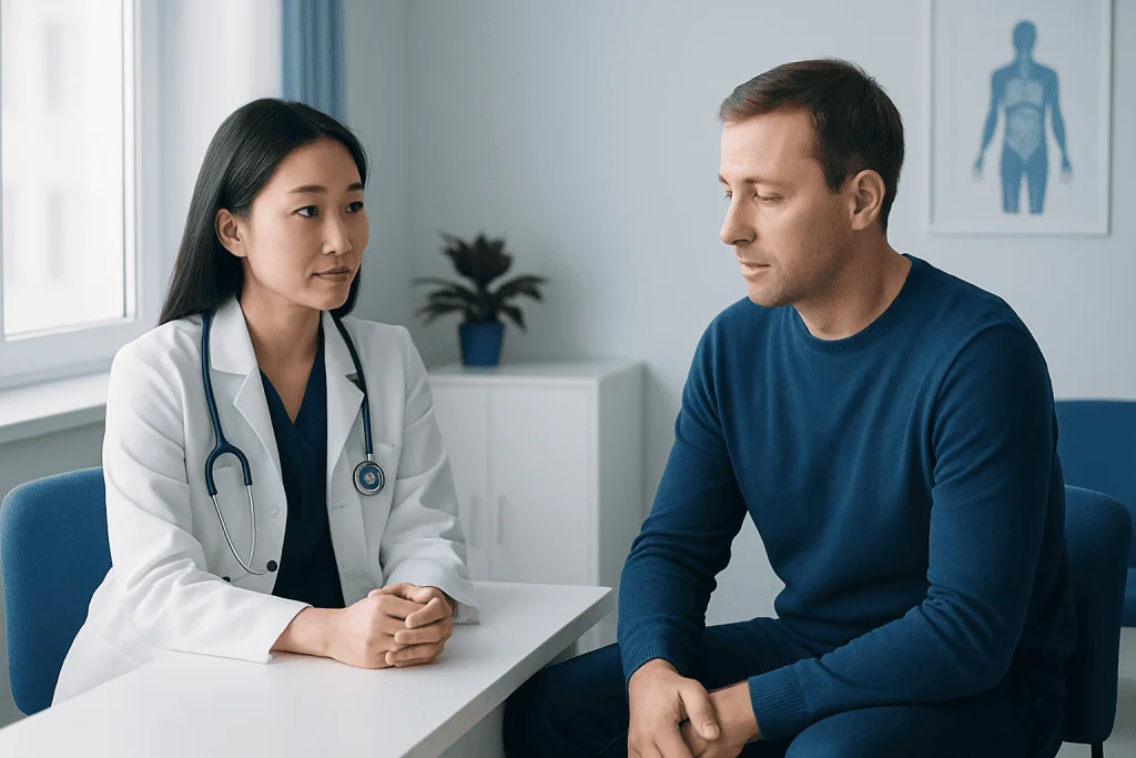 Doctor consulting with male patient in a medical office setting.