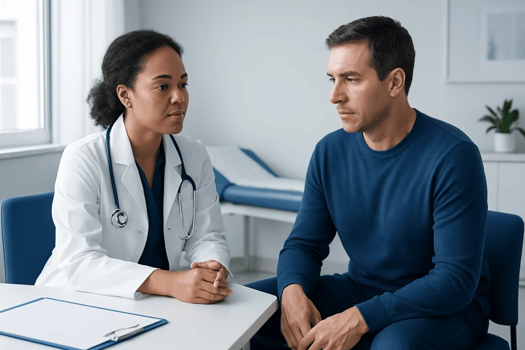 Doctor consulting with male patient in a medical office setting.