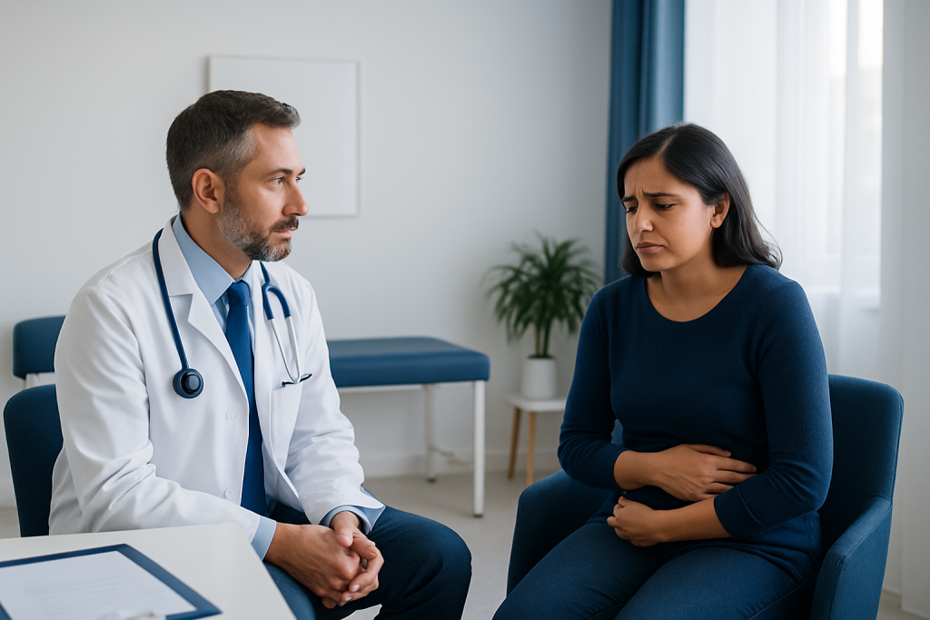 Doctor consulting a woman about nausea and peppermint remedies in a clinic.