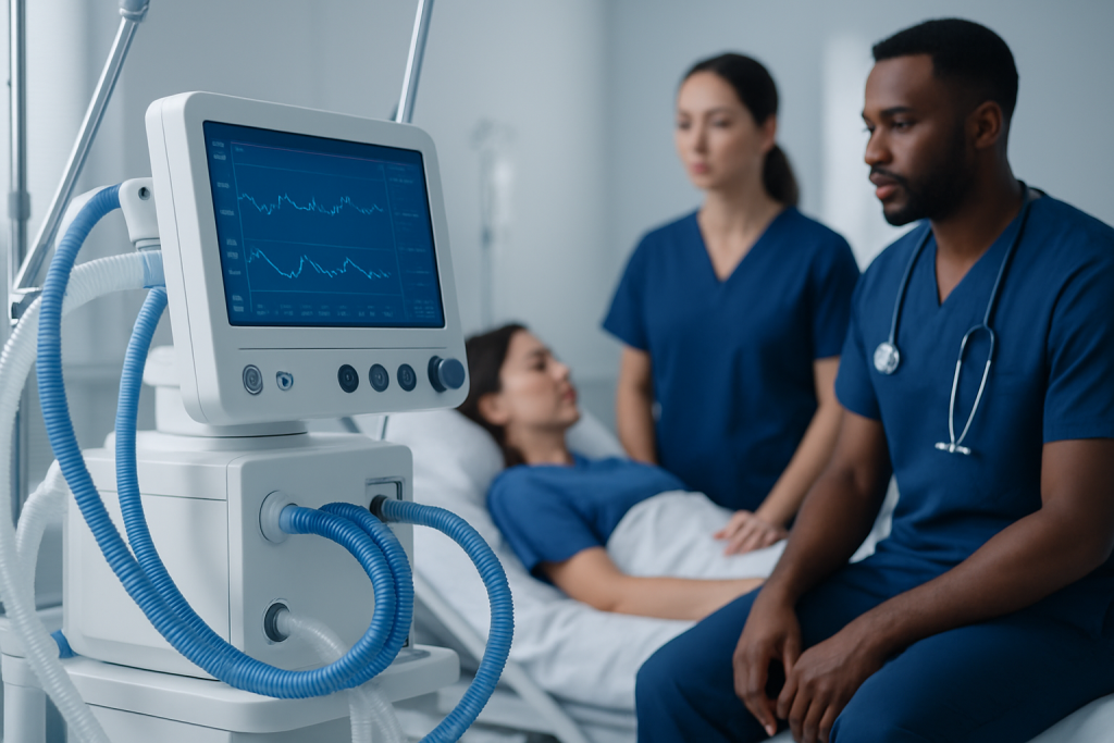Medical professionals monitor patient using ventilator in hospital.