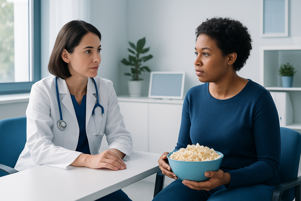 Doctor consulting with patient about healthy snacks in a medical office.