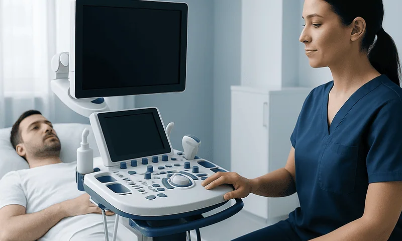 Medical professional performing an ultrasound on a patient in a hospital room.