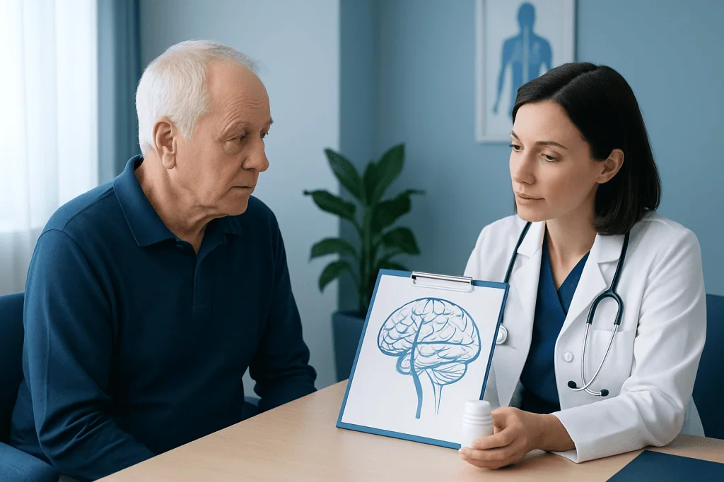 Doctor discussing brain health with an elderly patient in a medical office.