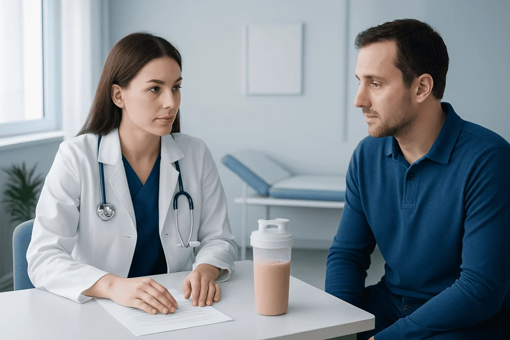 Doctor consulting with male patient in a medical office.
