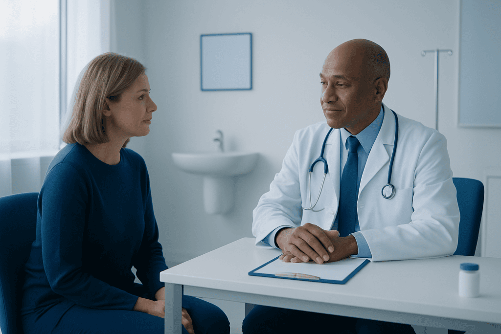 Doctor consulting with a female patient in a modern medical office.
