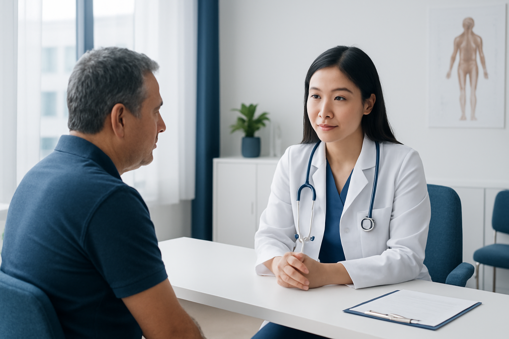 Doctor consulting with male patient in a medical office.