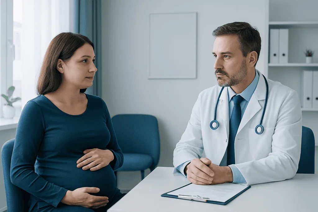 Pregnant woman consulting with a doctor in a medical office.