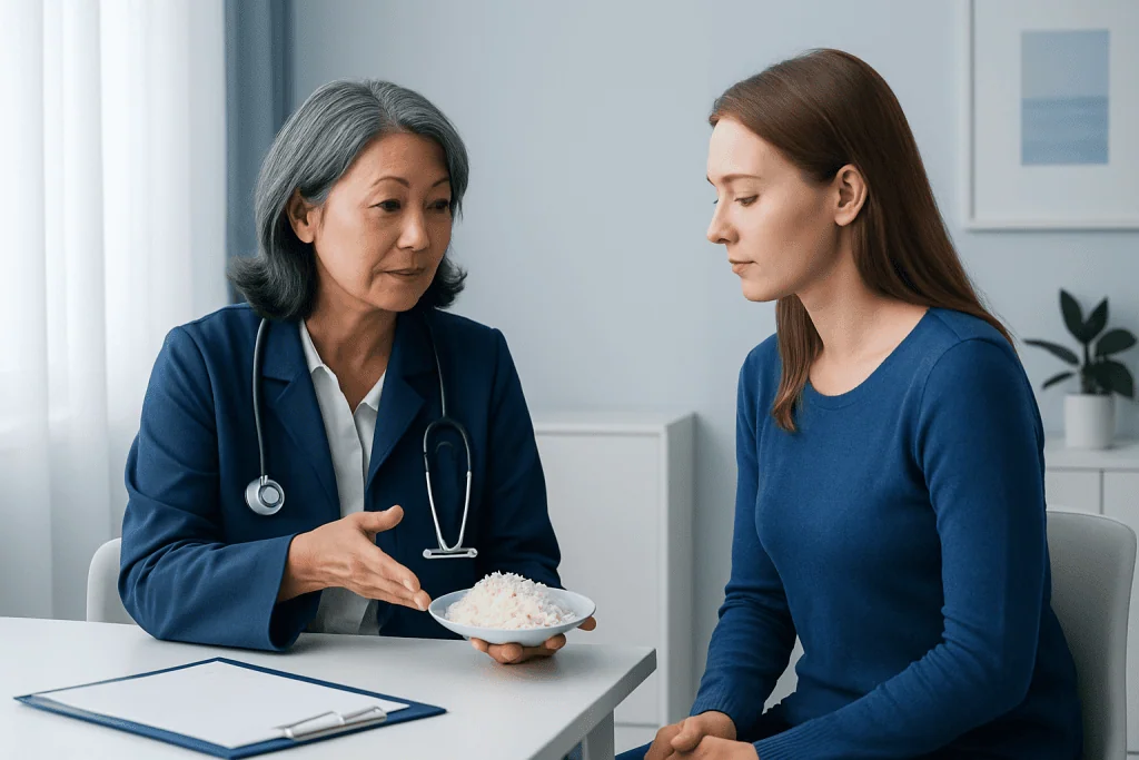 Doctor explaining rice diet benefits to a patient in a consultation room.