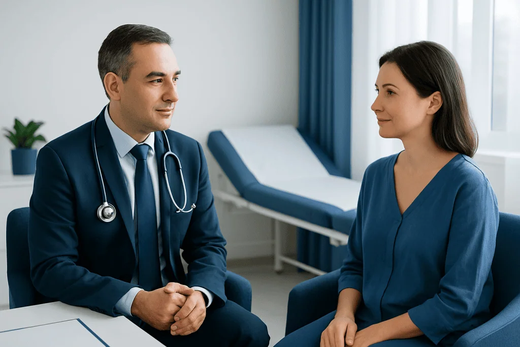 Doctor consulting with a patient in a hospital room.